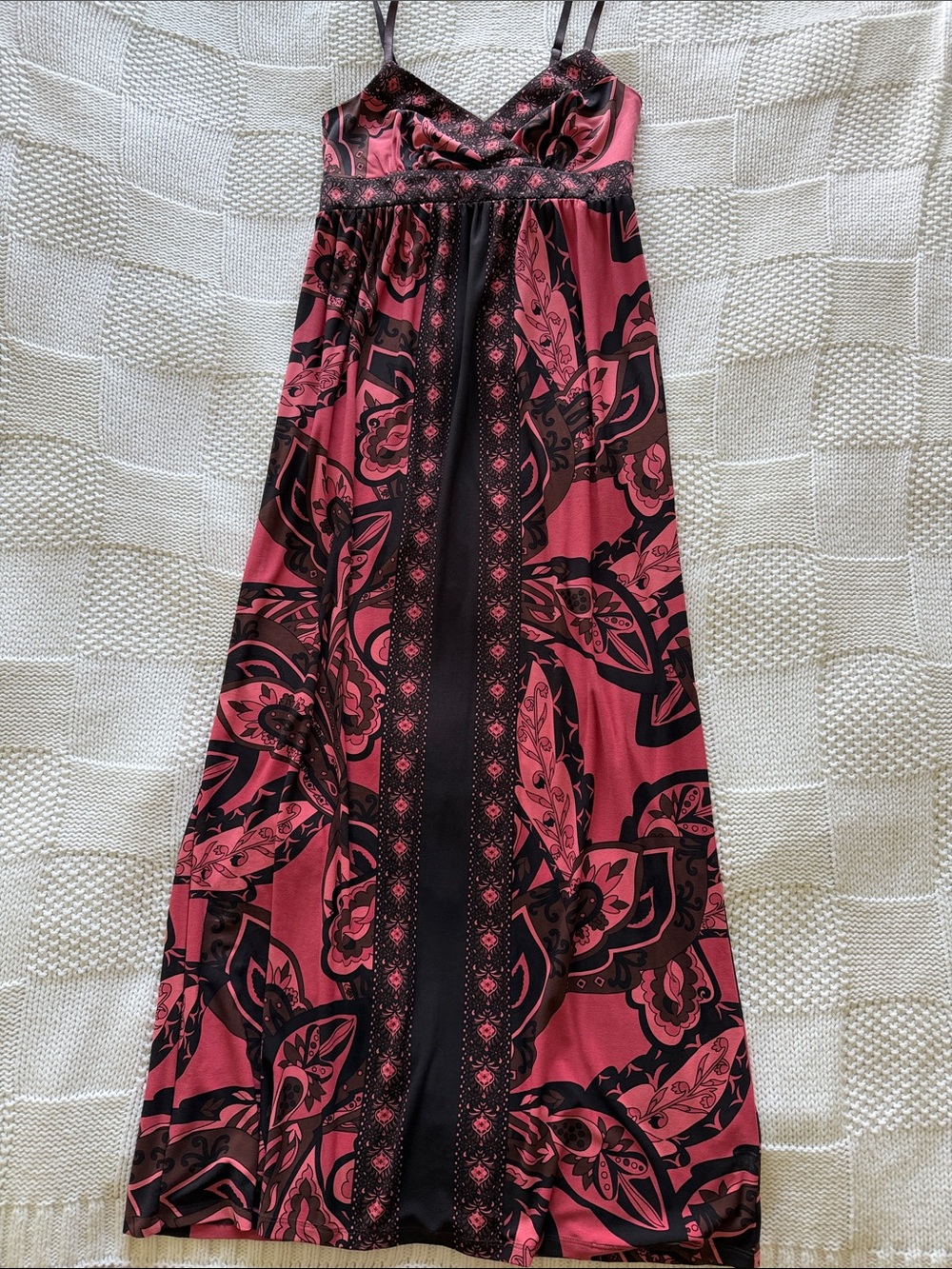 Beautiful Coral, Brown & Black Printed Maxi Dress